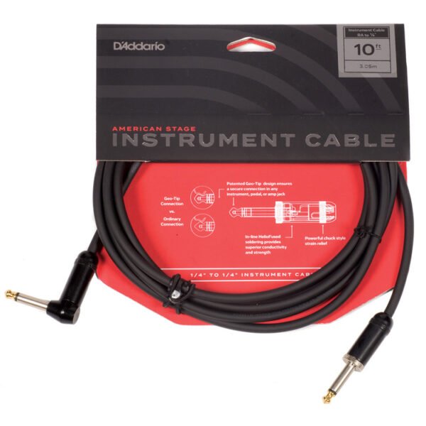 D’Addario American Stage Instrument Cable 10′ Straight to Right Angle