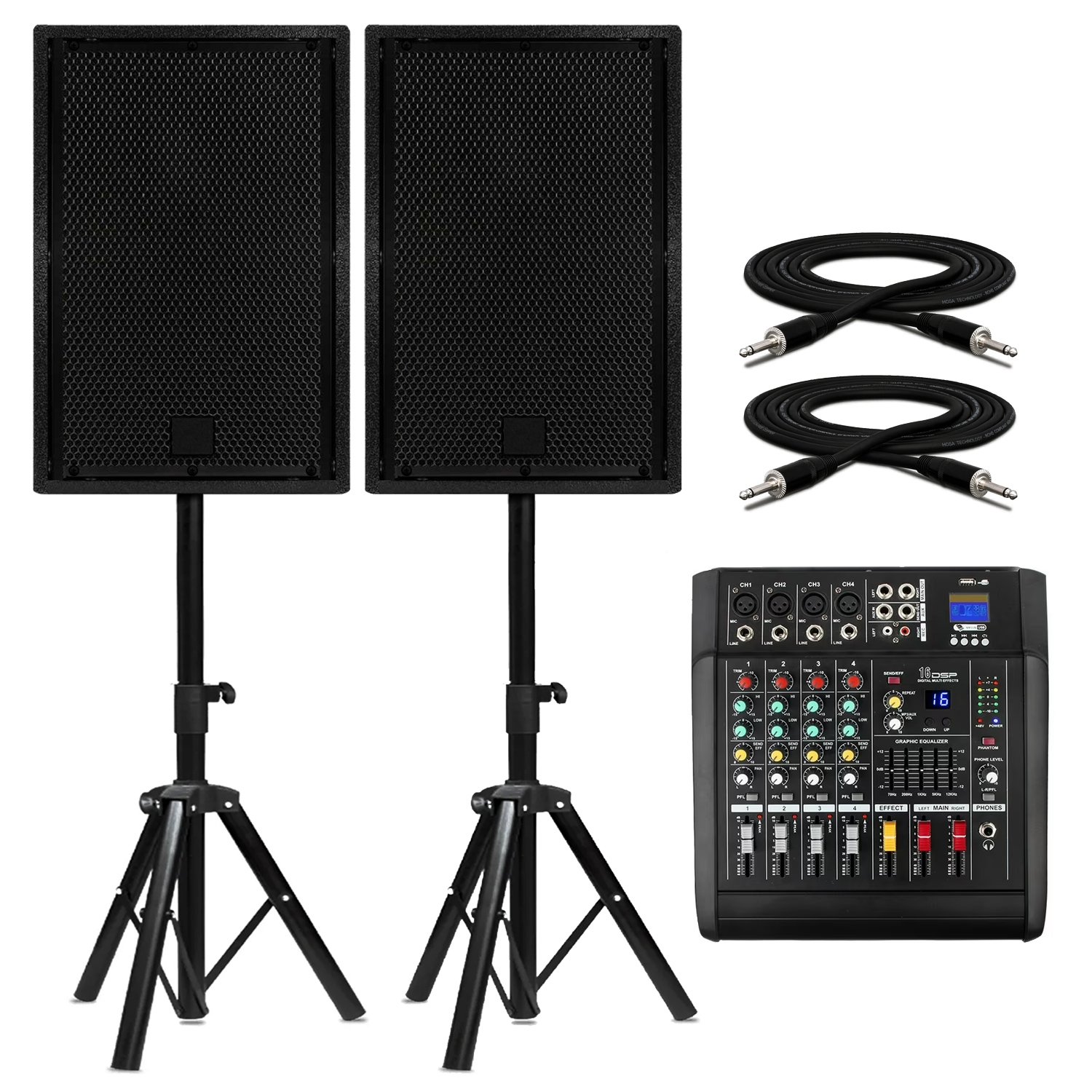 Complete PA Sound System Bundle with Bluetooth, Effects, USB Operations, Cables & Stands